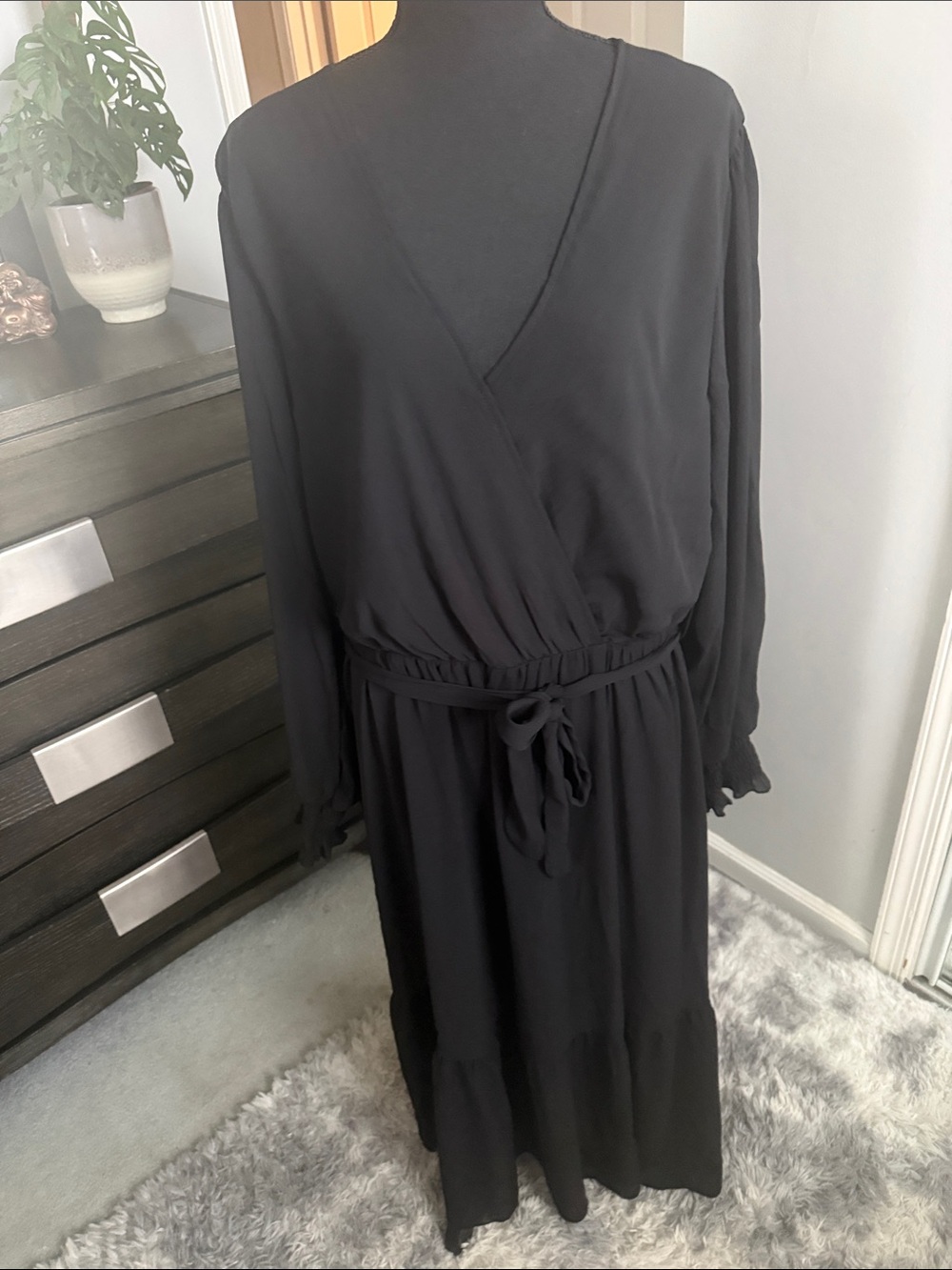 Women's Black Long Sleeve Maxi Wrap Dress with Tie Waist